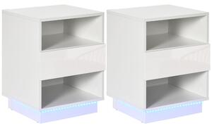 Set 2 Comodini con LED 40x40x55 cm 2 Ripiani 1 Cassetto in Truciolato Bianco