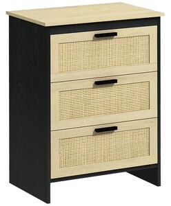Cassettiera 3 Cassetti 60x40x80 cm in Truciolato e Rattan Nero e Color Legno