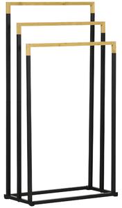 Portasciugamani 3 Barre 45x22,5x86 cm in Bambù e Metallo Nero