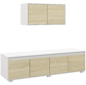 Parete Attrezzata 2 Pezzi Mobile TV max 70” e Mobile Multiuso da Parete in Truciolato Bianco e Legno Naturale