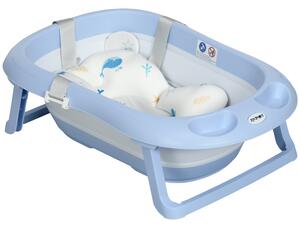 Vaschetta Bagnetto Pieghevole per Bambini 0-6 Anni 83x48x23,5 cm con Cuscino e 2 Ripiani Blu e Bianco
