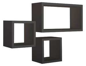 Set 3 Mensole Cubo da Parete Quadrato e Rettangolare in Fibra di Legno Tribù Nero