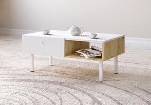 Elegante tavolino da salotto in rovere bianco con cassetto e ripiano, 90x51,6x38 cm