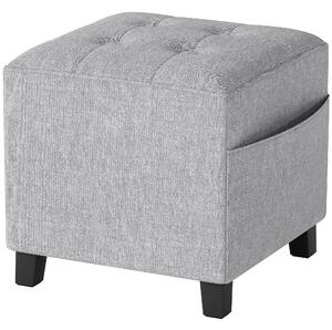 HOMCOM Pouf Quadrato Piccolo con Tasca Laterale, Poggiapiedi in Tessuto Effetto Lino con Gambe in Legno di Gomma, Grigio Chiaro | Aosom Italy
