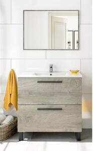 Mobile Bagno Completo Di Lavabo In Ceramica E Specchio Athena 80 Cm 2 Cassetti Rovere Alaska