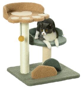 Albero Tiragraffi 43x39x52 cm con 2 Lettini, Pallina e Rivestimento in Velluto Verde Marrone e Beige