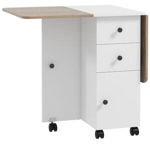 Tavolo Salvaspazio Pieghevole a Ribalta con 2 Cassetti e Armadietto 120x60x76,5 cm in Legno Bianco e Rovere