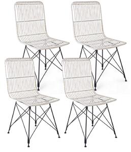 Set 4 Sedie 45x55x85 cm Metal Rattan in Fibre Naturali Bianco