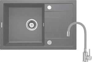 Lavello in granito grigio a 1 vasca con miscelatore e sgocciolatoio - granito opaco, reversibile, di facile installazione, antibatterico, per mobili da 500 mm e oltre