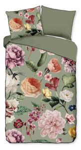 Set copripiumino e federa verde in raso di cotone per letto singolo ed esteso 140x220 cm Fiori – Descanso