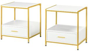 Set 2 Comodini 2 Cassetti 50x40x55 cm in Acciaio e Legno Truciolare Bianco e Oro