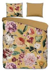 Set copripiumino e federa giallo ocra in raso di cotone per letto matrimoniale ed esteso 240x220 cm Fiori – Descanso