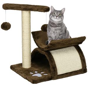 PawHut Tiragraffi per gatto con tunnel,colonna in sisal e palline gioco marrone 40x30x43cm |Aosom