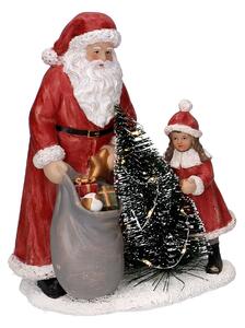 Statua resina babbo natale con bambina rosso con led cm 15x11xh18,5