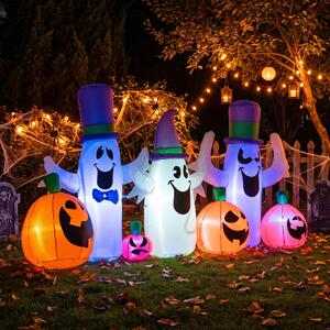 Costway Set da 7 pezzi decorazioni gonfiabili di halloween per giardino e balcone, Decorazioni gonfiabili con 4 zucche e 3 fantasmi luci led ventilatore integrato
