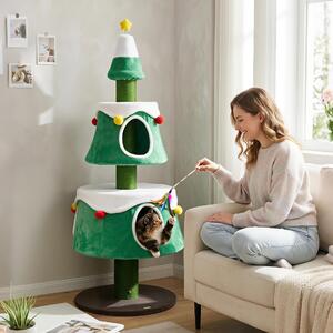 Costway Albero di natale per gatti con 2 cuccie pali graffiatoio posatoi pompon, Tiragraffi alto a multilivelli 156 cm con cuscini per gatti adulti e piccoli 2 pezzi