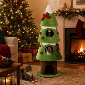 Costway Albero tiragraffi per gatti da interno con 3 cucce ampi ingressi e base rotonda stabile, Cuccia per gatti a forma di albero di natale con e pallina sospesa