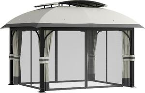 VivaGarden Gazebo da Giardino 4x3 mt in Metallo/Tessuto con Doppio tetto Protezione raggi UV Tende e Zanzariere colore Grigio Chiaro