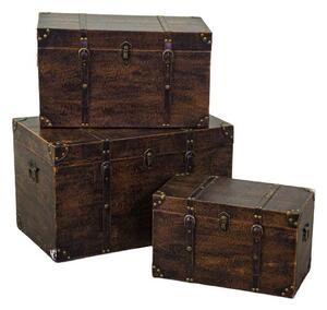 Set 3 Bauli Rettangolari in Similpelle e Legno Marrone