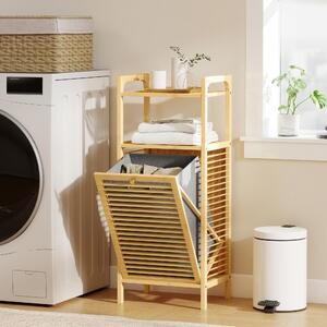 DecHome Mobile Bagno a Doghe con Cesto Portabiancheria e Armadietto, in Bamb e Poliestere, 40x30x95 cm, colore Grigio/Legno