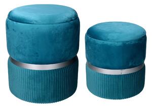 Set 2 Pouf Contenitore Ø35 cm e Ø39 cm in Tessuto Velluto Turchese