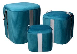 Set 3 Pouf Contenitore in Tessuto Velluto Turchese