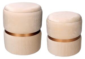 Set 2 Pouf Contenitore Ø35 cm e Ø39 cm in Tessuto Velluto Crema