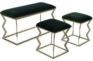 Panca con 2 Pouf in Metallo e Velluto Verde