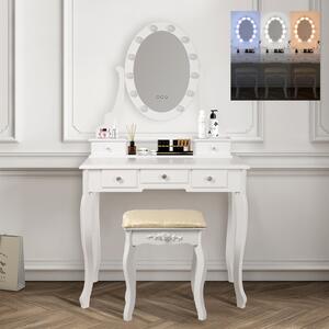 ML-Design tavolo da toilette bianco con illuminazione LED, tavolo da toilette con specchio, sgabello e 5 cassetti, 80x129x40 cm, stile country