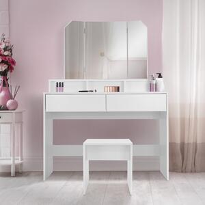 ML-Design tavolino da toilette bianco con sgabello, tavolino da toilette con specchio pieghevole a 3 pezzi e 2 cassetti, 100x40x140 cm, tavolino cosmetico con 3 scomparti aperti