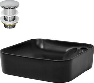 LuxeBath Lavabo da appoggio Square, 43x43x12 cm, nero, in Vetroceramica, incl. set di scarico senza troppopieno
