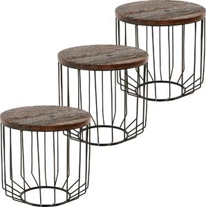 Set di 3 tavolini in legno massiccio WOMO-DESIGN, rotondo Ø 50x50 cm, naturale, unico, fatto a mano da legno di recupero, struttura in metallo, cestino in metallo, nero