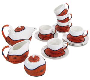 Set Tazze The 9 Pezzi con Teiera e Lattiera in Porcellana Decoro in Bambù Arancione