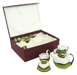 Set Tazze The 9 Pezzi con Teiera e Lattiera in Porcellana Decoro in Bambù Multicolor