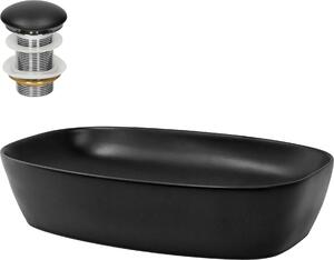 LuxeBath Lavabo da appoggio Square, 60,5x38,5x14 cm, nero, in Vetroceramica, incl. set di scarico senza troppopieno