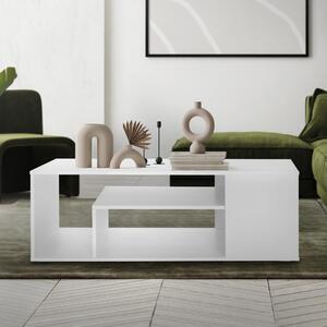 Tavolino di design ML in bianco, 110x50x41 cm, Ampio tavolo da soggiorno con 4 ripiani su 3 livelli, Tavolo da divano moderno con ampio spazio di archiviazione