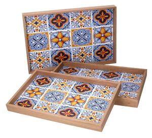 Set 3 Vassoi Rettangolari da Cucina in Legno Azzurro Multicolor