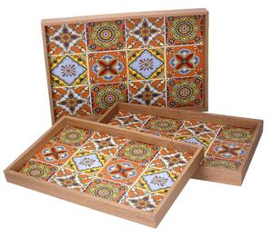 Set 3 Vassoi Rettangolari da Cucina in Legno Arancione Multicolor