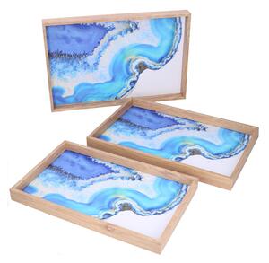Set 3 Vassoi Rettangolari da Cucina in Legno Azzurro
