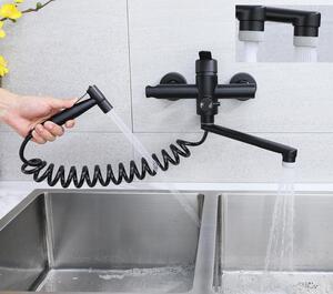 Rubinetto da cucina a parete - Miscelatore da cucina con beccuccio estraibile - Igiene ottimale - Quattro modalità di funzionamento - Estensione di 23 cm - Finitura nera opaca