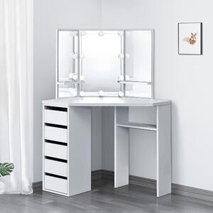 ML-Design tavolo da toilette bianco, tavolo da toilette con illuminazione LED, 3 specchi, sgabello, 5 cassetti e 3 vani portaoggetti, 110x141,5x54 cm, tavolo cosmetico in legno MDF