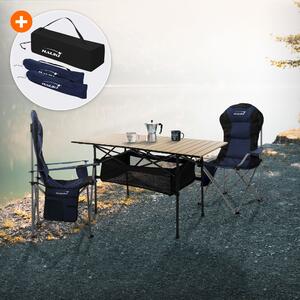 Set di mobili da campeggio Hauki 3 pezzi, tavolo pieghevole beige con 2 sedie da campeggio blu, inclusa borsa di trasporto