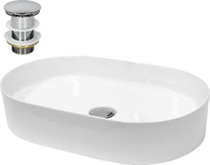 Lavabo LuxeBath Lavabo da appoggio ovale, 60,5x38x12,5 cm, bianco, in Vetroceramica, incl. set di scarico senza troppopieno
