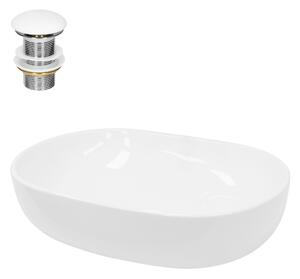 Lavabo LuxeBath Lavabo da appoggio ovale, 60x42x14,5 cm, bianco, in Vetroceramica, incl. set di scarico senza troppopieno