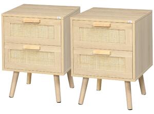 Set 2 Comodini con 2 Cassetti 40x40x56 cm in Legno e Rattan Naturale