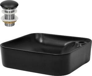 LuxeBath Lavabo da appoggio Square, 43x43x12 cm, nero, in Vetroceramica, incl. set di scarico senza troppopieno