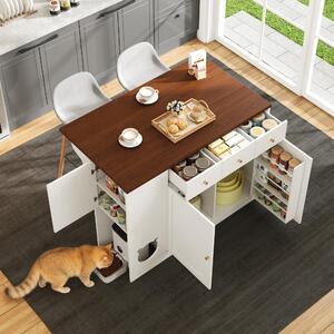 Isola da cucina con piano di lavoro estendibile, dimensioni 120 × 40–70 × 90 cm, 3 cassetti, finitura bianca e noce