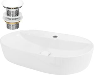Lavabo LuxeBath Lavabo da appoggio ovale, 60x40x12 cm, bianco, in Vetroceramica, incl. set di scarico senza troppopieno