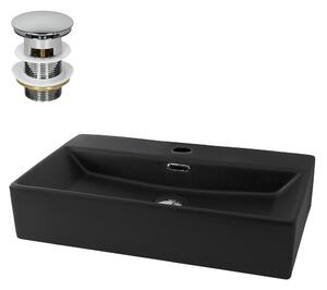 LuxeBath Lavabo da appoggio Square, 60,5x36,5x13 cm, nero, in Vetroceramica, incl. set di scarico con troppopieno