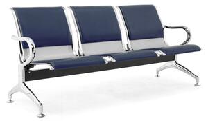 Panca per Sala Attesa 3 Posti da Ufficio con Cuscino in Acciaio e Similpelle Argento/Blu Navy